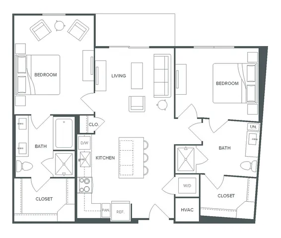Modern Pearl Bee Cave floor plan showcasing a spacious 2 bed, 2 bath apartment with open living area and kitchen, 1,082 sq ft.
