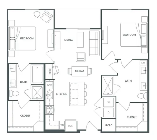 Modern B5 floor plan at Pearl Bee Cave featuring 2 bedrooms, 2 bathrooms, open living and dining area, and a contemporary kitchen. Total area of 1,113 sq ft.