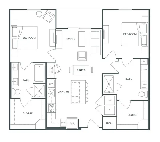 Pearl Bee Cave floor plan showcasing a 2 bed, 2 bath layout with a sleek living area and stylish kitchen, spanning 1,113 square feet.