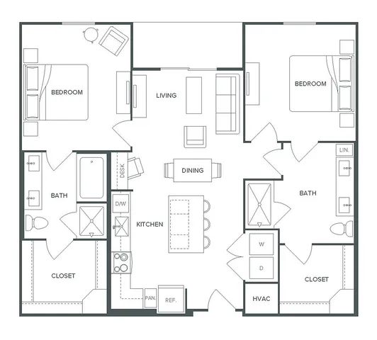 Pearl Bee Cave floor plan B5 featuring a modern design with 2 spacious bedrooms, 2 luxurious bathrooms, open-concept kitchen, and cozy living area. Total 1,113 square feet.