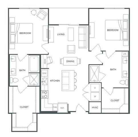 Pearl Bee Cave floor plan showcasing a spacious 2 bed, 2 bath layout with open living and dining areas, a modern kitchen, and convenient closets. Totaling 1,156 sq ft.