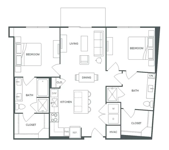 Pearl Bee Cave floor plan B6 showcasing a spacious 2 bed, 2 bath layout with an open living area, modern kitchen, dining space, and 1,138 square feet.