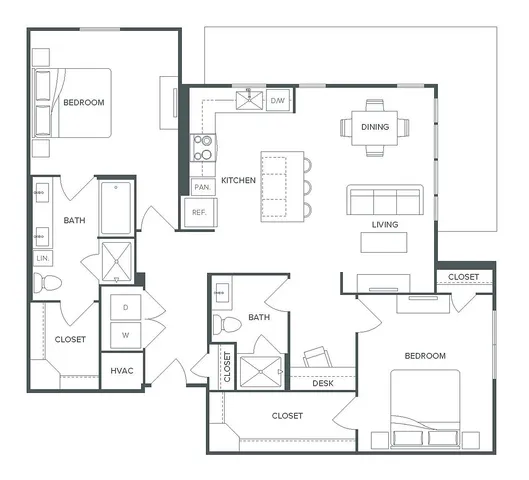 Modern Pearl Bee Cave floor plan with 2 bedrooms and 2 baths, featuring an open kitchen, dining, and living area, spanning 1,231 square feet.