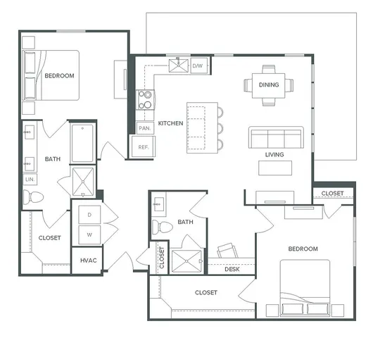 Pearl Bee Cave floor plan showcasing a spacious 2 bedroom, 2 bath layout with an open-concept kitchen, stylish dining area, and cozy living space, spread over 1,204 square feet.
