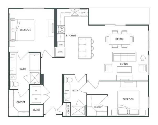 Modern Pearl Bee Cave floor plan featuring 2 spacious bedrooms, 2 elegant baths, open kitchen with dining area, and inviting living space in 1,221 sq ft.