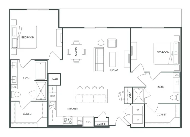 Modern B9 floor plan with 2 spacious bedrooms, open-plan kitchen and living area, stylish dining space, and 1,301 sq ft of elegant living at Pearl Bee Cave.