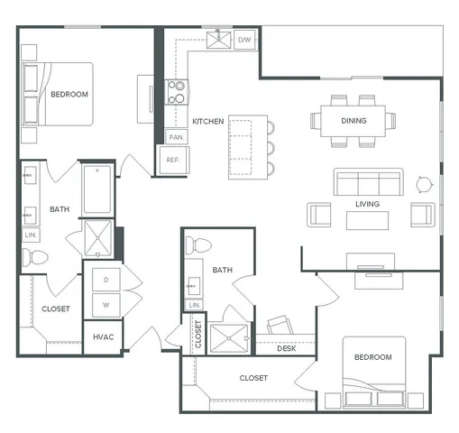 Elegant floor plan for Pearl Bee Cave, showcasing 2 bedrooms, 2 baths, a modern kitchen, dining area, and inviting living room, 1,353 sq ft layout.