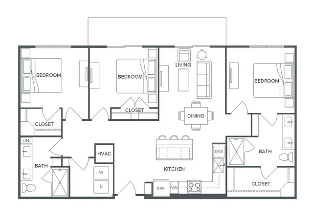 Pearl Bee Cave C1.WF floor plan featuring 3 spacious bedrooms, 2 modern bathrooms, and an open-concept kitchen and living area, totaling 1,318 square feet of elegant living space.