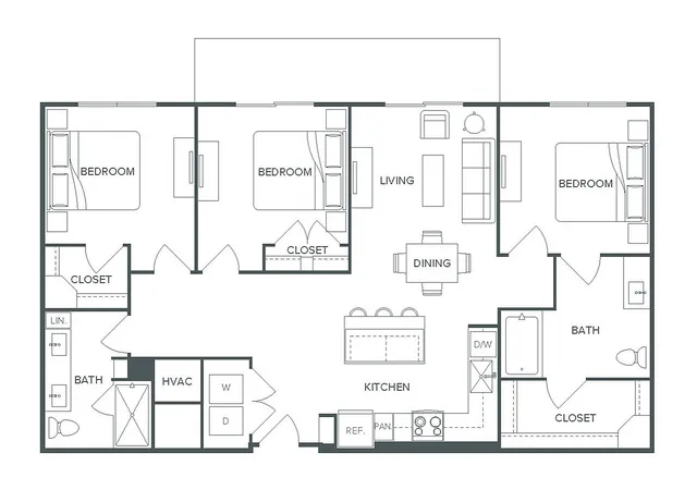 Pearl Bee Cave floor plan showcasing a spacious 3 bed, 2 bath layout with an open living and dining area, and a modern kitchen across 1,318 SF.