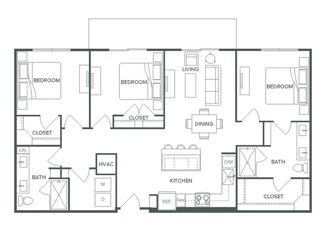 Modern Pearl Bee Cave floor plan featuring 3 bedrooms and 2 baths with a spacious kitchen and open living/dining area, 1,318 sq ft.