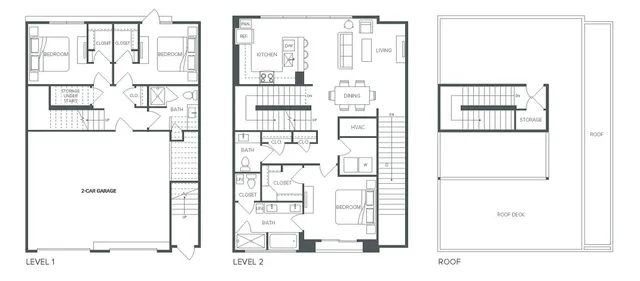 Elegant and spacious 3-bedroom, 3-bath floor plan at Pearl Bee Cave, featuring a two-car garage, open living and dining area, modern kitchen, and rooftop deck, covering 1,715 square feet.