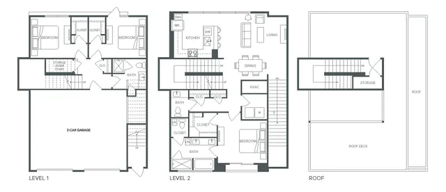 Modern three-level floor plan featuring 3 bedrooms, stylish living and dining areas, spacious kitchen, 3 baths, and a 2-car garage at Pearl Bee Cave. Includes rooftop storage and deck, covering 1,744 SF.