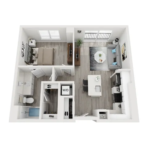 Modern 3D floor plan showcasing a cozy one-bedroom apartment with an open-concept living room, stylish kitchen, and convenient bathroom layout.