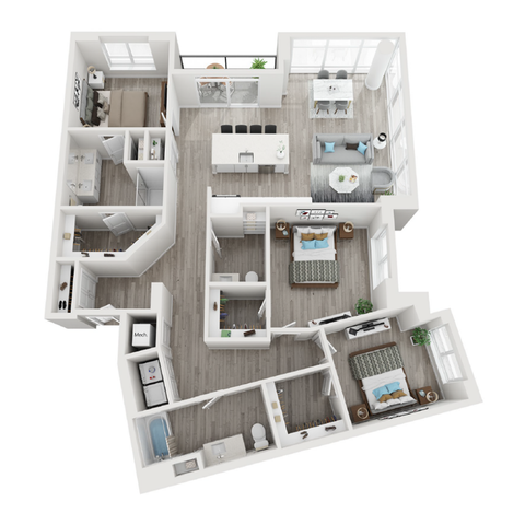 Modern 3D floor plan showcasing a stylish three-bedroom layout with a spacious kitchen, elegant living area, and two luxurious bathrooms.