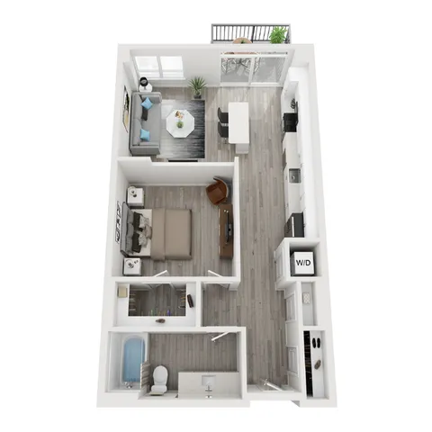 Modern 3D floor plan showcasing a cozy one-bedroom apartment with open living area, sleek kitchen, and private balcony.