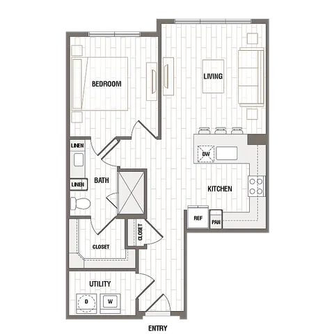 Modern apartment floor plan showcasing 1 bedroom, open living area, and sleek kitchen with utility space.