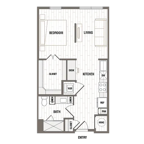 Contemporary floor plan featuring an inviting bedroom, open living area, modern kitchen with appliances, and spacious bathroom. Includes convenient closets, desk space, and laundry area.