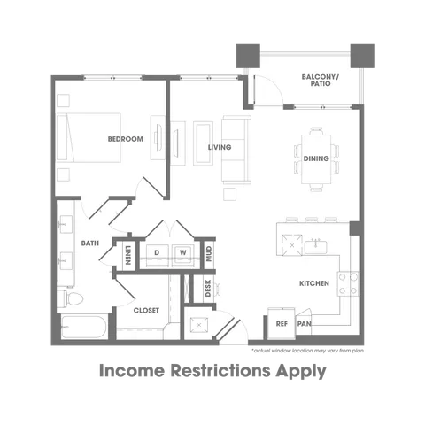 Modern apartment floor plan featuring a spacious bedroom, open living area, kitchen with dining space, and balcony/patio access.