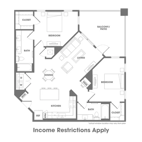 Modern floor plan featuring 2 bedrooms, open living and dining area, spacious kitchen, and a relaxing balcony.
