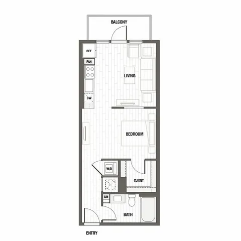 Modern 1-bedroom floor plan featuring an open-concept living area with a balcony, stylish kitchen, and well-appointed bathroom.