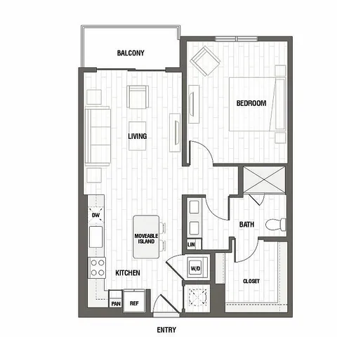 Modern apartment floor plan featuring a spacious bedroom, open-concept living area, kitchen with movable island, and a cozy balcony.