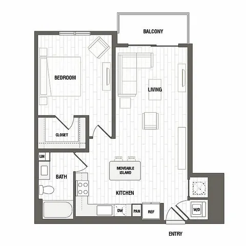 Modern apartment floor plan with one bedroom, open living area, balcony access, and movable kitchen island for versatile space.
