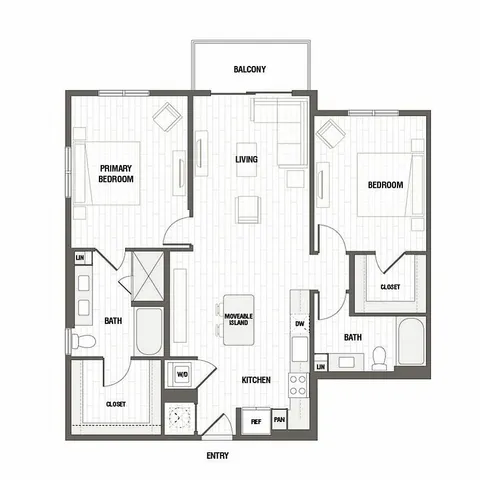 Elegant 2-bedroom apartment floor plan with open living area, modern kitchen with island, and private balcony.