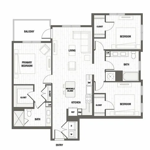 Sophisticated floor plan showcasing 3 bedrooms, 2 baths, open living room with balcony, and modern kitchen with moveable island.