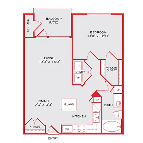 One bedroom, one bath floor plan with kitchen island, pantry, in-unit washer and dryer, walk-in closet, and balcony