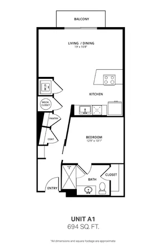 A1 one bedroom, one bath floor plan, 694 sq ft