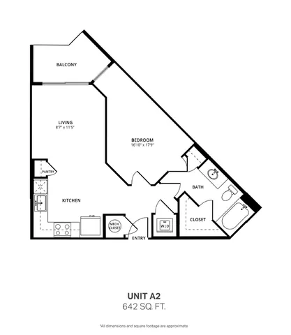 A2 one bedroom, one bath floor plan, 642 sq ft