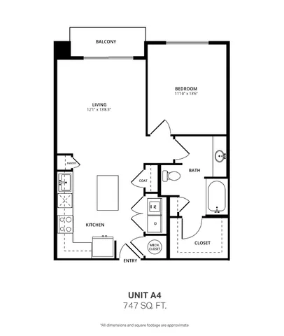 A4a one bedroom, one bath floor plan, 747 sq ft