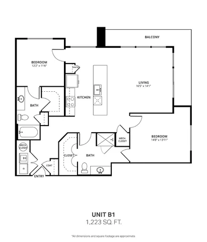 B1 two bedroom, two bath floor plan, 1,223 sq ft