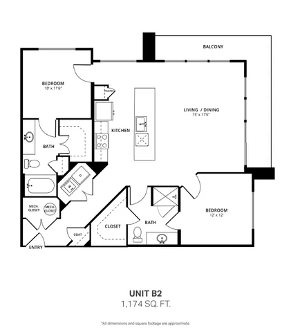 B2 two bedroom, two bath floor plan, 1,174 sq ft