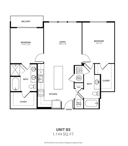 B3 two bedroom, two bath floor plan, 1,144 sq ft