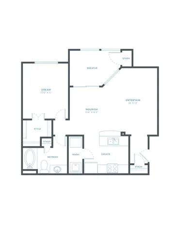 A2 one bedroom, one bath floor plan, 805 sq ft