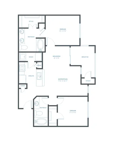 B2W two bedroom, two bath floor plan, 1,007 sq ft