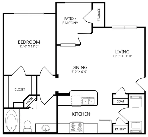 WCA1 floor plan, 1 bed 1 bath, 723 sq ft, with walk-in closet, garden tub and patio or balcony