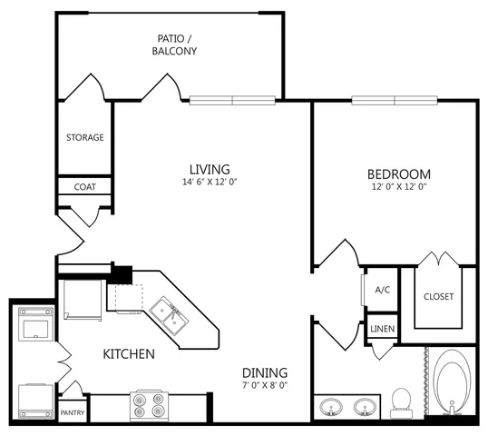 WCA2 floor plan, 1 bed 1 bath, 783 sq ft, with in-unit laundry, garden tub and patio or balcony