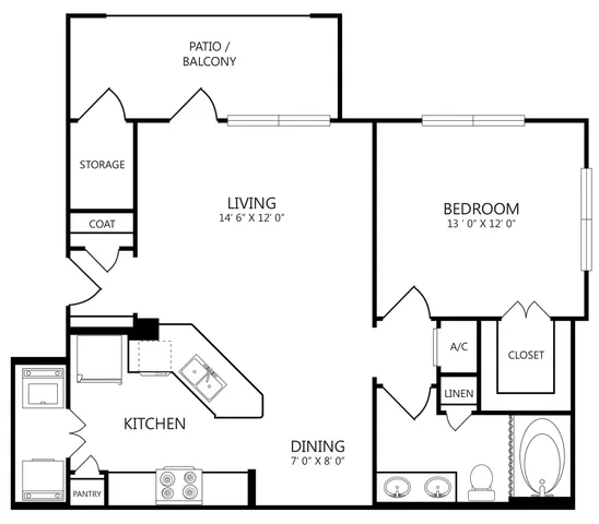WCA2p floor plan, 1 bed 1 bath, 796 sq ft, with in-unit laundry, garden tub and patio or balcony