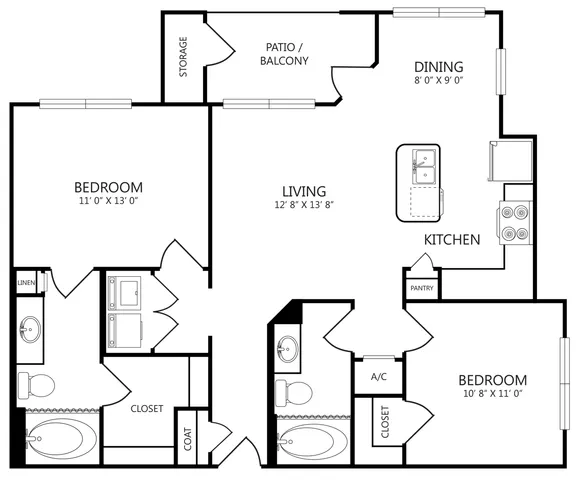 WCB1 floor plan, 2 bed 2 bath, 992 sq ft, with kitchen island, in-unit laundry and walk-in closet
