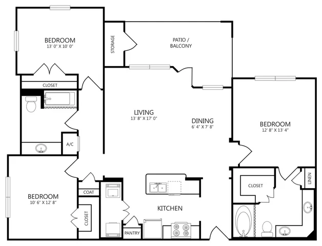 WCC1 floor plan, 3 bed 2 bath, 1,343 sq ft, with walk-in closet, kitchen island and in-unit laundry