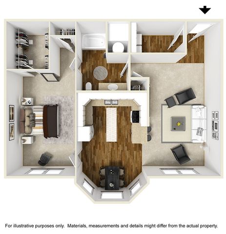 A1 floor plan, 1 bed 1 bath, 1,003 sq ft, with walk-in closet, kitchen island and bay window dining