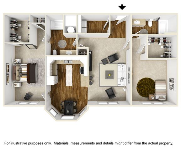 B1 floor plan, 2 bed 2 bath, 1,322 sq ft, with walk-in closets, kitchen island and bay window dining