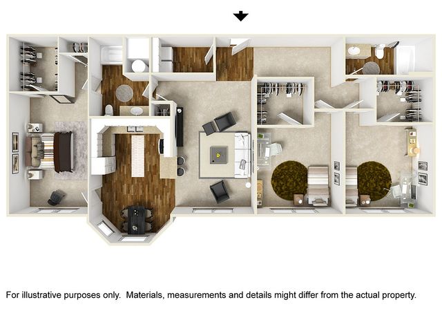 C1 floor plan, 3 bed 2 bath, 1,647 sq ft, with walk-in closets, kitchen island and bay window dining