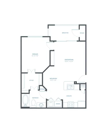 A1W one bedroom, one bath floor plan, 719 sq ft
