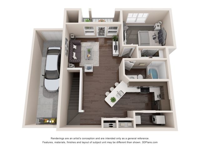A2 BH U one bedroom floor plan with private garage and stairs, kitchen island, laundry room, walk-in closet, balcony