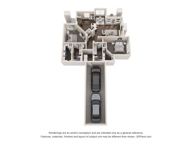 B2 BH L two bedroom split floor plan with attached tandem two car garage, dining area and two bathrooms