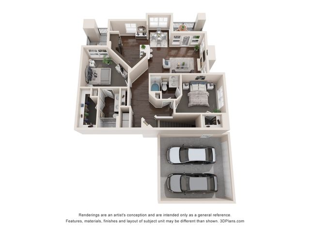 B2 BH U two bedroom split floor plan with private two car garage, interior stairs, dining area and two balconies