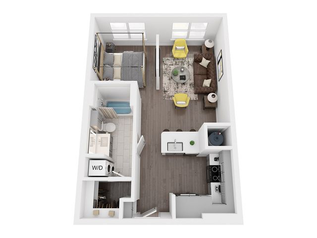 A0 studio floor plan, 590 to 630 sq ft, with sleeping nook, kitchen island, bathtub, in-unit washer and dryer, walk-in closet